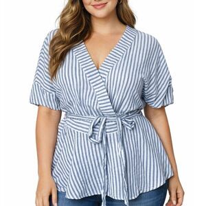 Lumiere Blue/white  Striped Wrap Shirt Size Large 100% Cotton